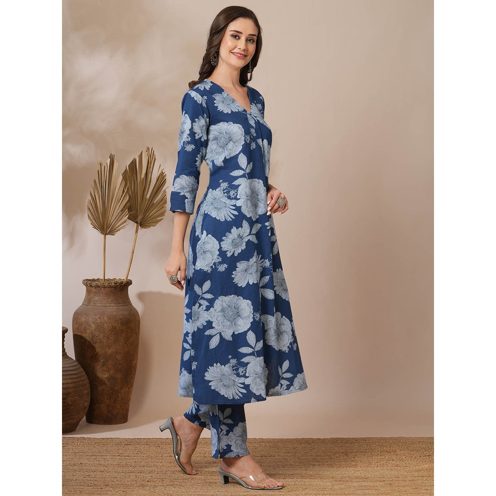 FASHOR Blue Floral Printed Straight Fit Kurta with Pant (Set of 2)