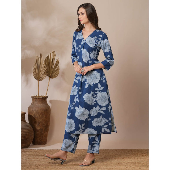 FASHOR Blue Floral Printed Straight Fit Kurta with Pant (Set of 2)