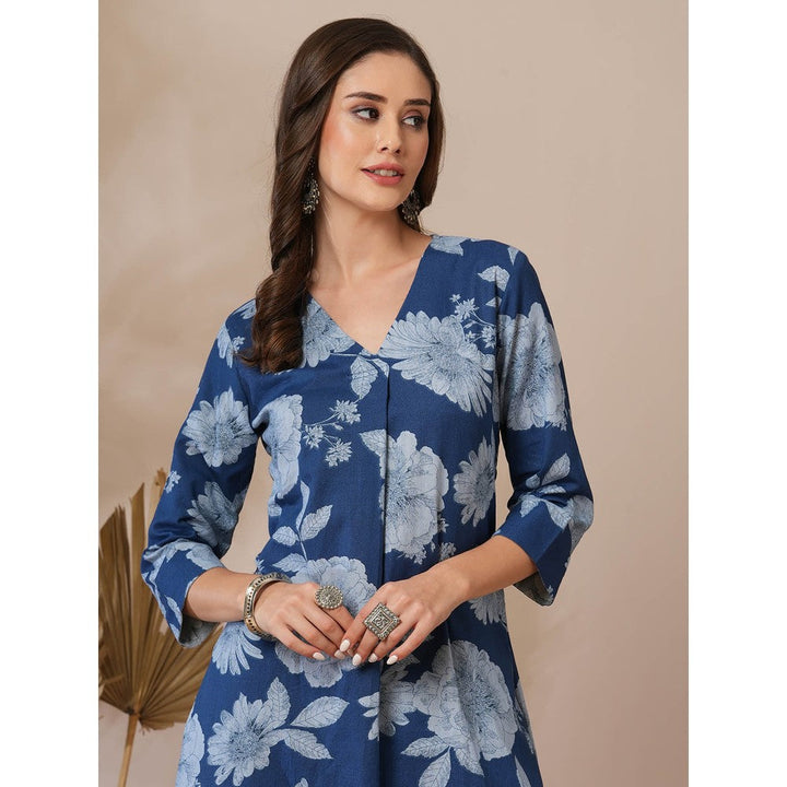 FASHOR Blue Floral Printed Straight Fit Kurta with Pant (Set of 2)