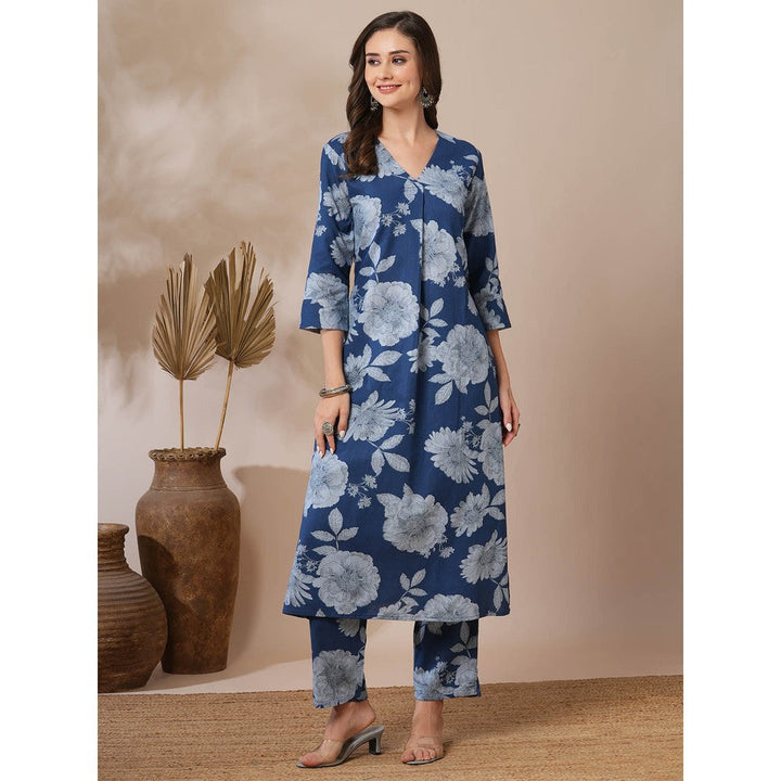 FASHOR Blue Floral Printed Straight Fit Kurta with Pant (Set of 2)