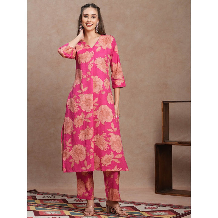 FASHOR Pink Floral Printed Straight Fit Kurta with Pant (Set of 2)