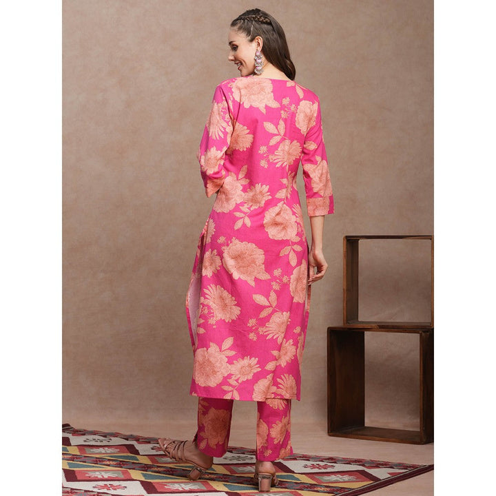 FASHOR Pink Floral Printed Straight Fit Kurta with Pant (Set of 2)