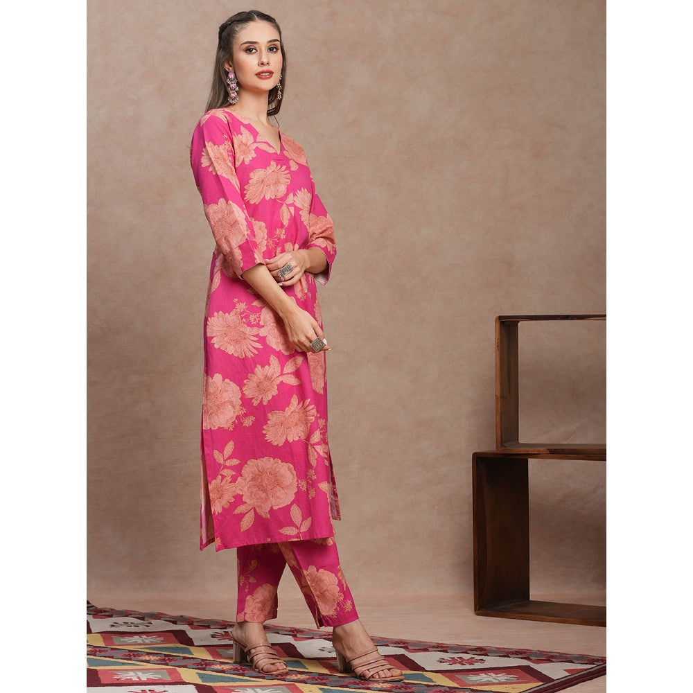 FASHOR Pink Floral Printed Straight Fit Kurta with Pant (Set of 2)