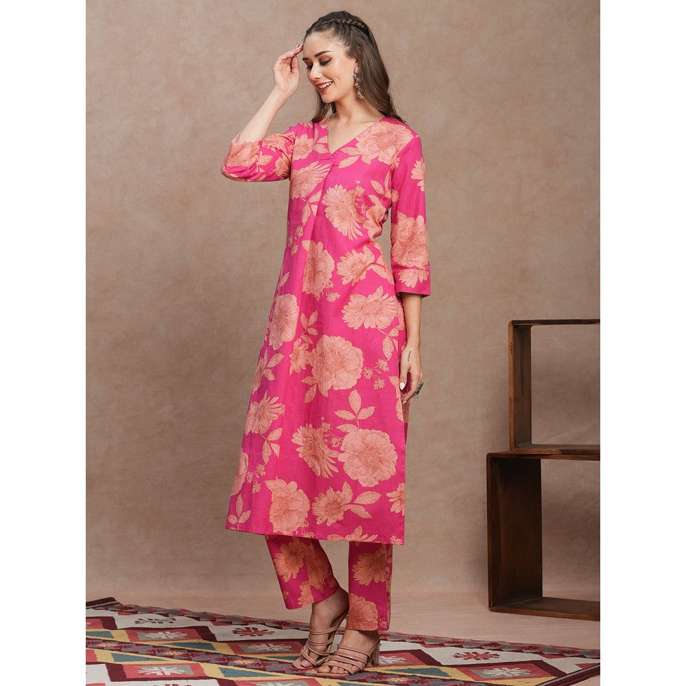 FASHOR Pink Floral Printed Straight Fit Kurta with Pant (Set of 2)