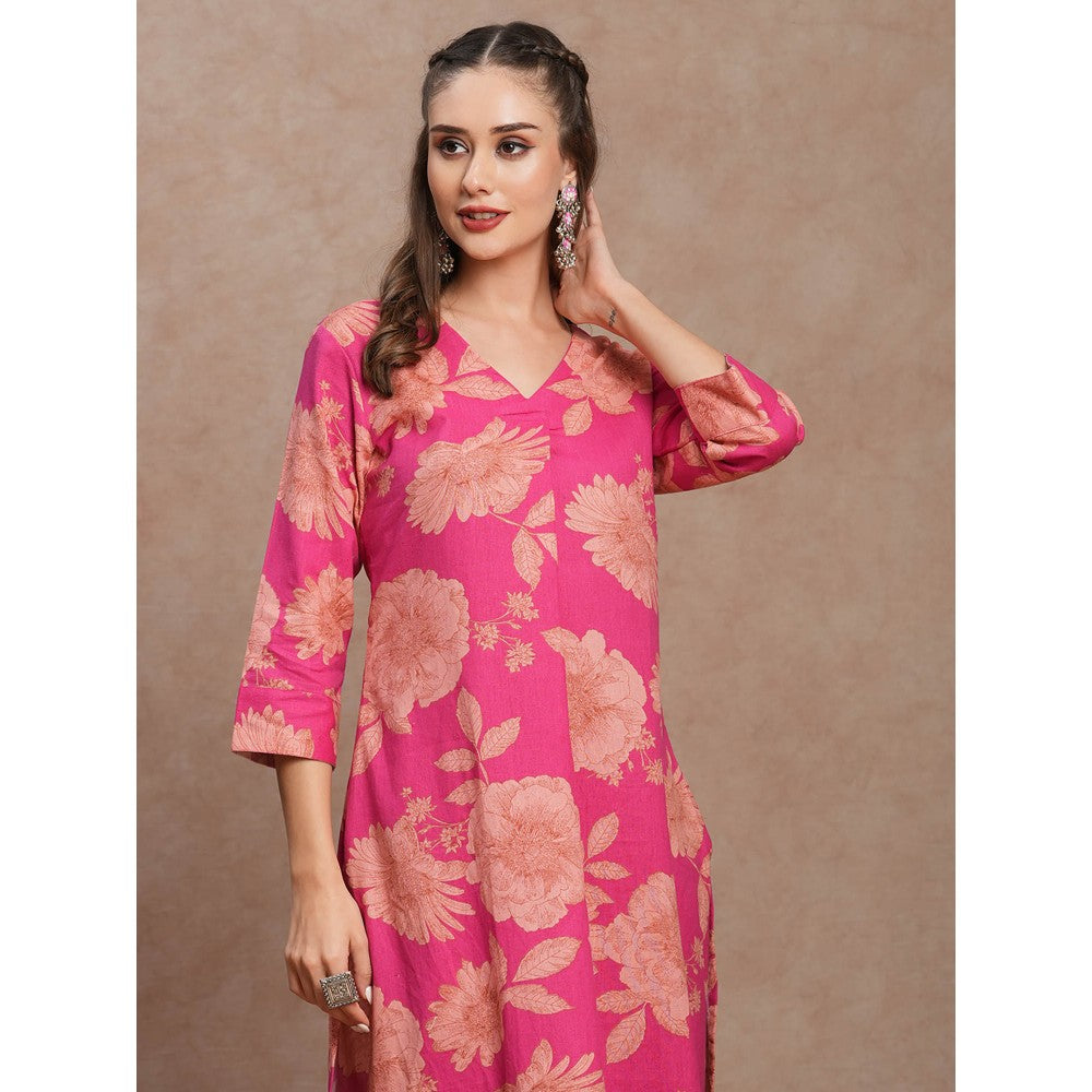 FASHOR Pink Floral Printed Straight Fit Kurta with Pant (Set of 2)