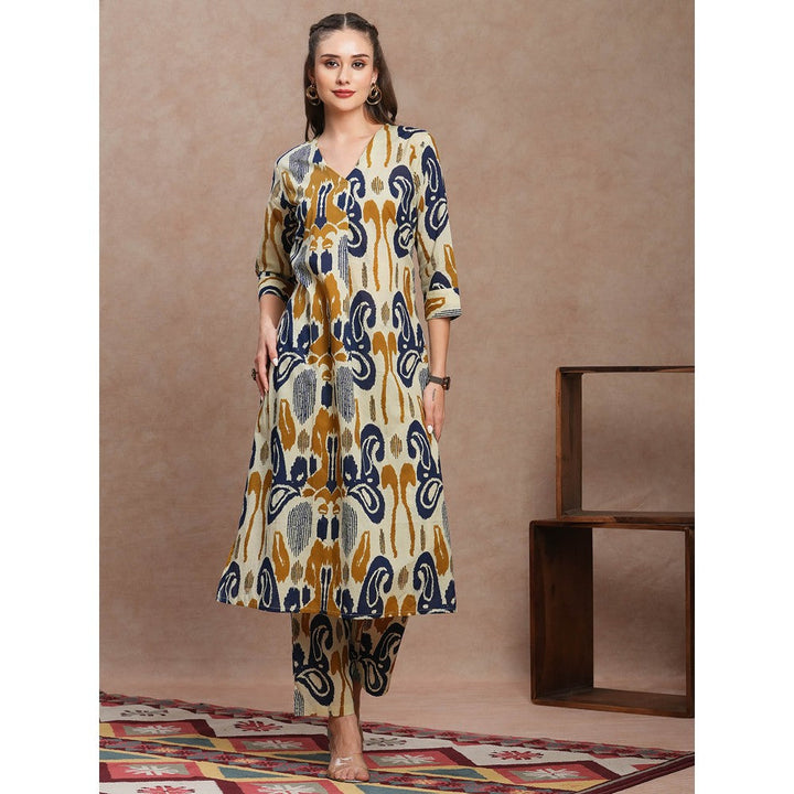 FASHOR Yellow Abstract Ethnic Ikat Printed A-Line Kurta with Pant (Set of 2)