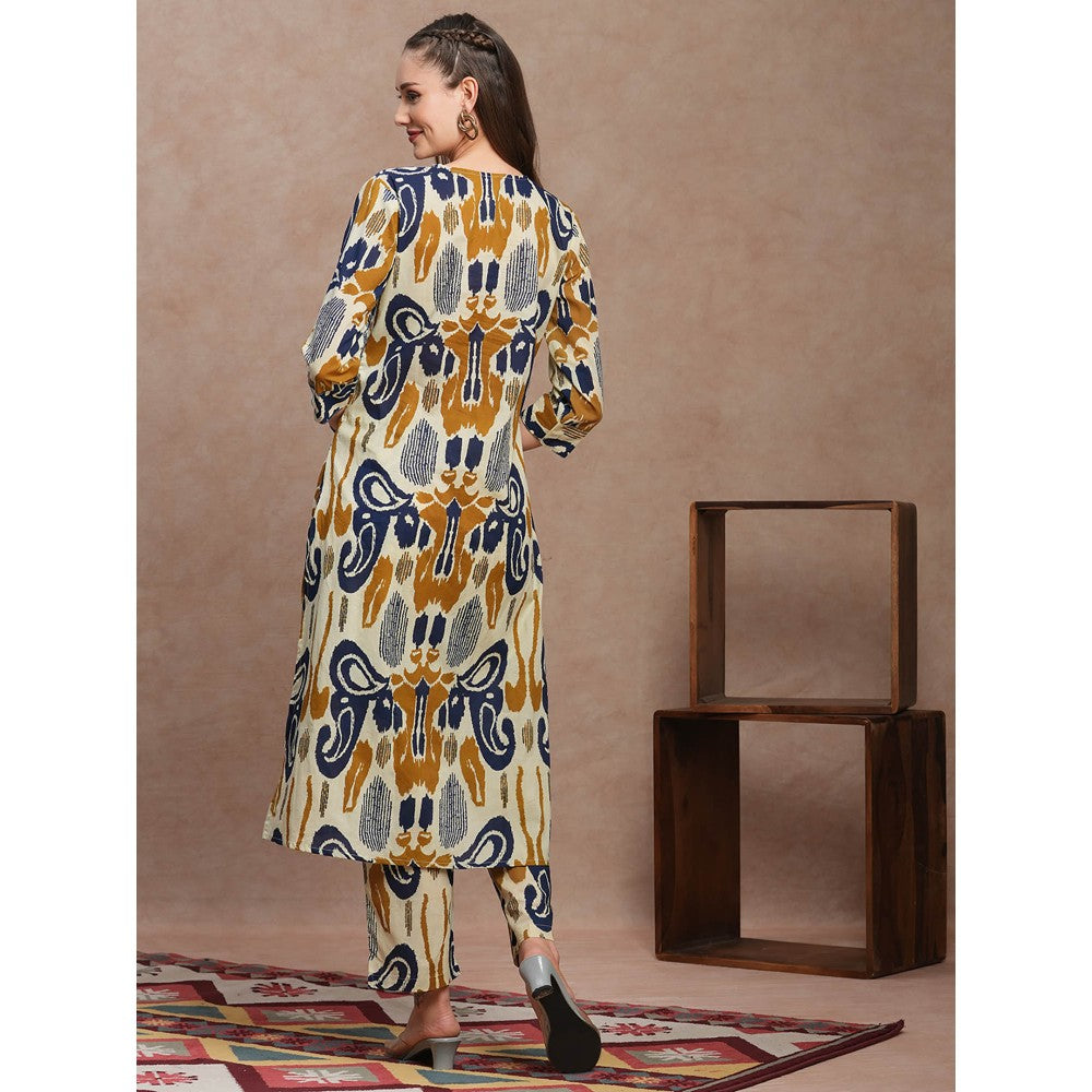 FASHOR Yellow Abstract Ethnic Ikat Printed A-Line Kurta with Pant (Set of 2)