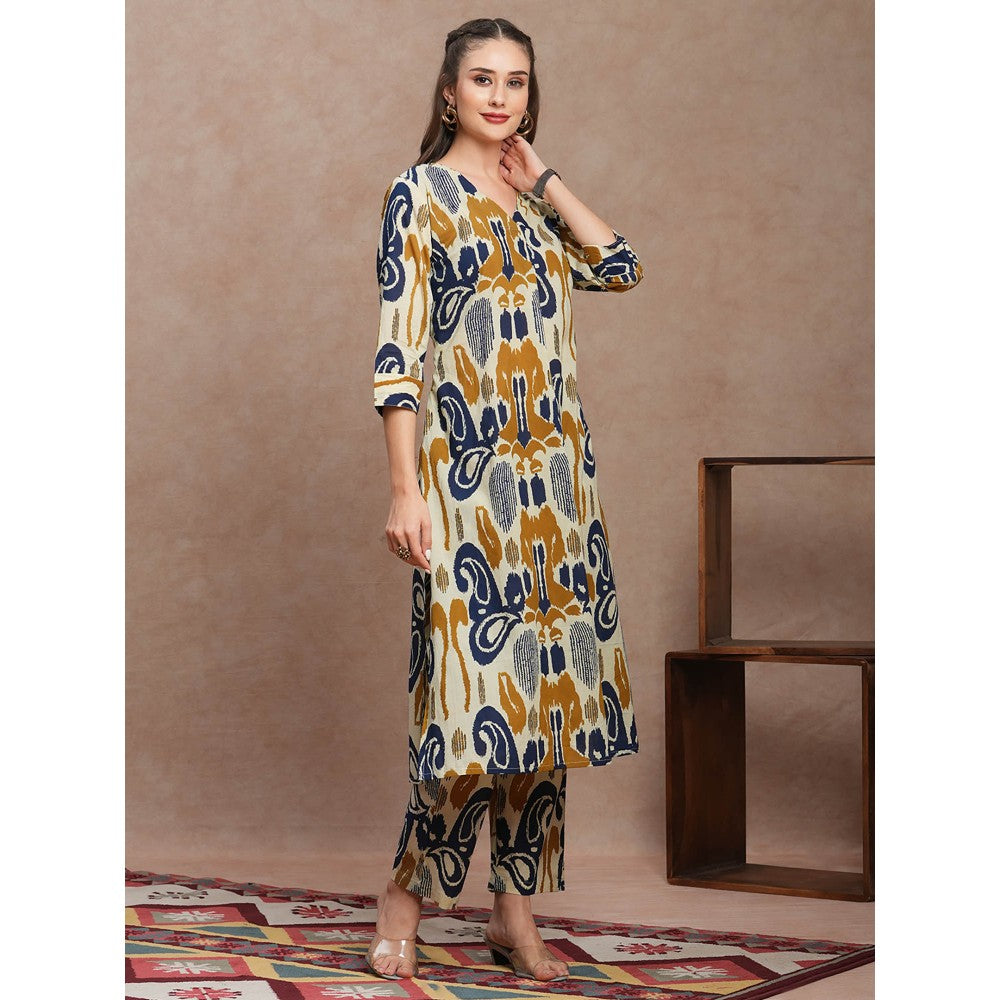 FASHOR Yellow Abstract Ethnic Ikat Printed A-Line Kurta with Pant (Set of 2)