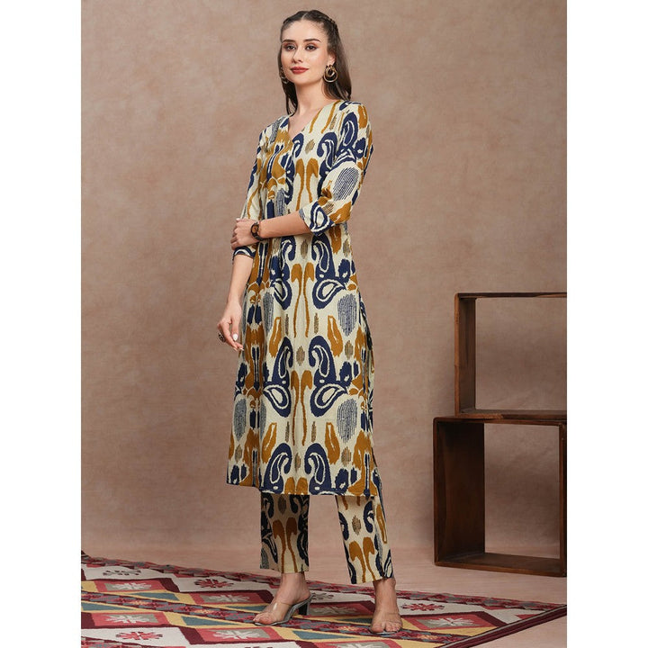 FASHOR Yellow Abstract Ethnic Ikat Printed A-Line Kurta with Pant (Set of 2)