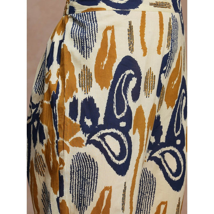 FASHOR Yellow Abstract Ethnic Ikat Printed A-Line Kurta with Pant (Set of 2)