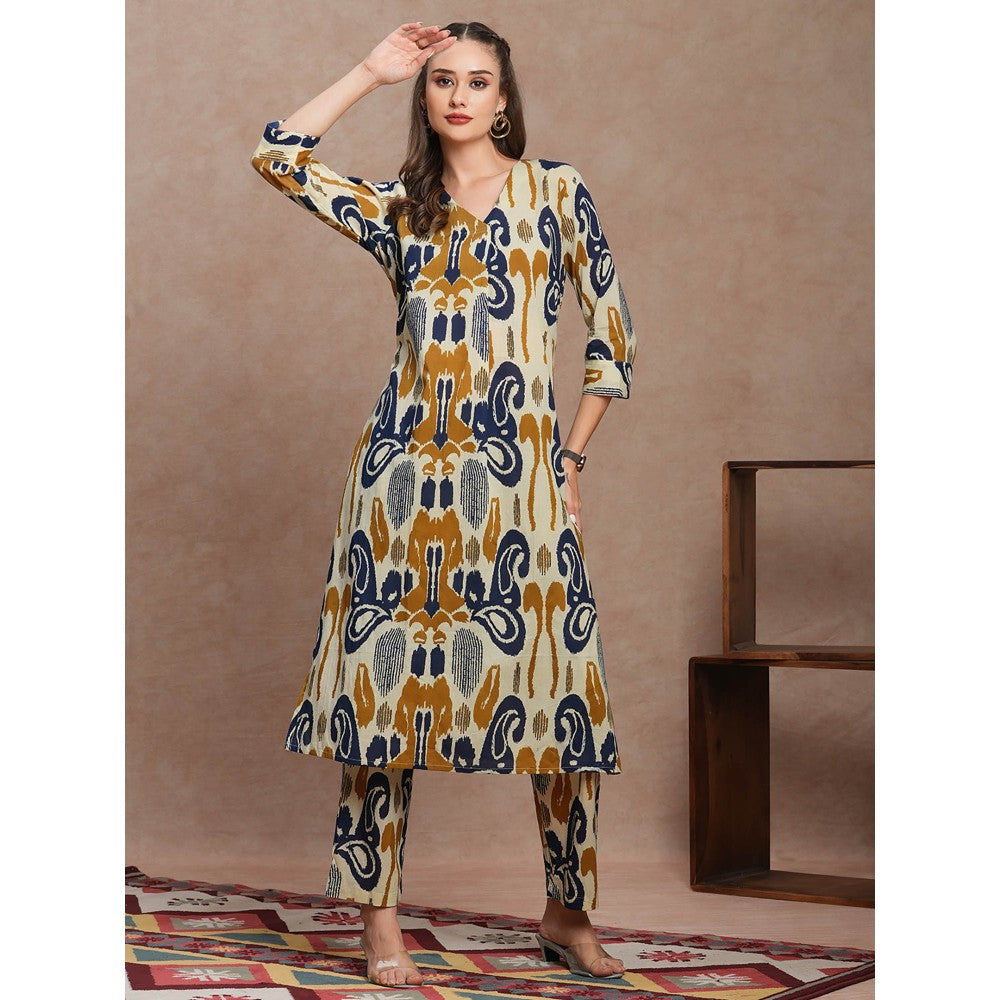 FASHOR Yellow Abstract Ethnic Ikat Printed A-Line Kurta with Pant (Set of 2)