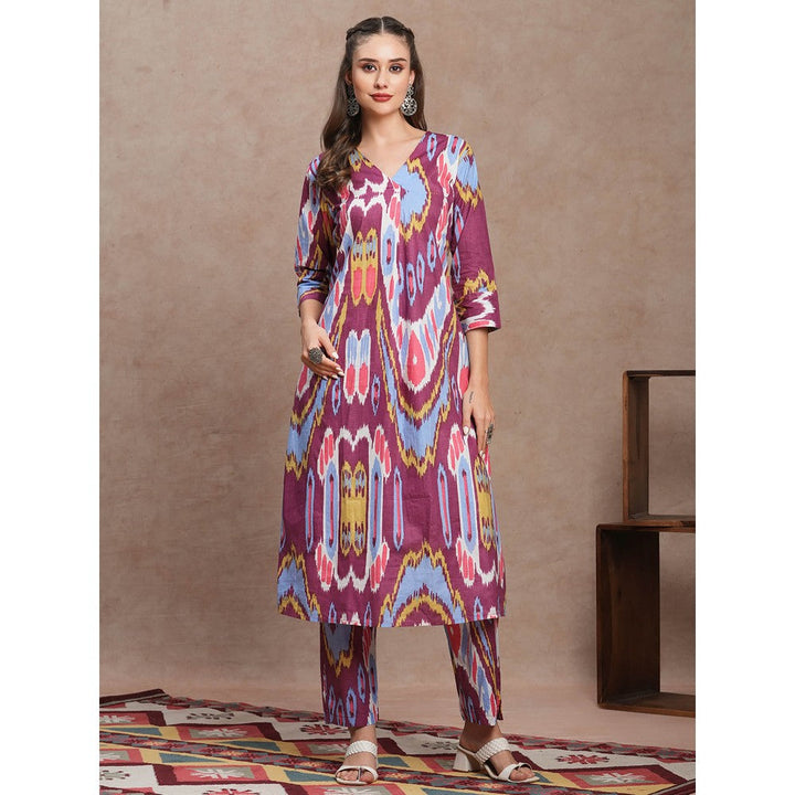 FASHOR Purple Abstract Ethnic Ikat Printed A-Line Kurta with Pant (Set of 2)