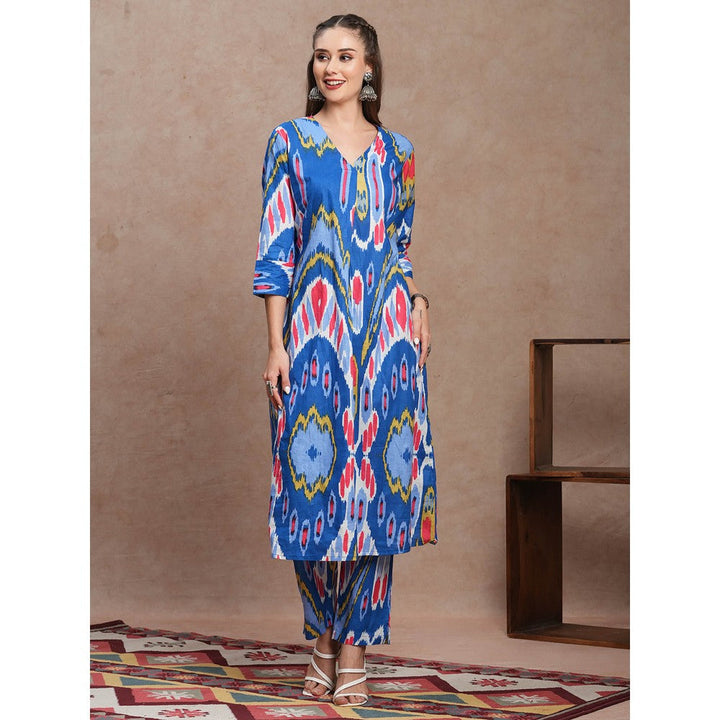 FASHOR Blue Abstract Ethnic Ikat Printed A-Line Kurta with Pant (Set of 2)