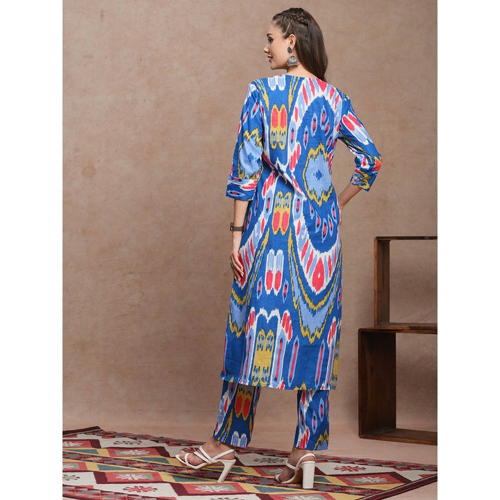 FASHOR Blue Abstract Ethnic Ikat Printed A-Line Kurta with Pant (Set of 2)