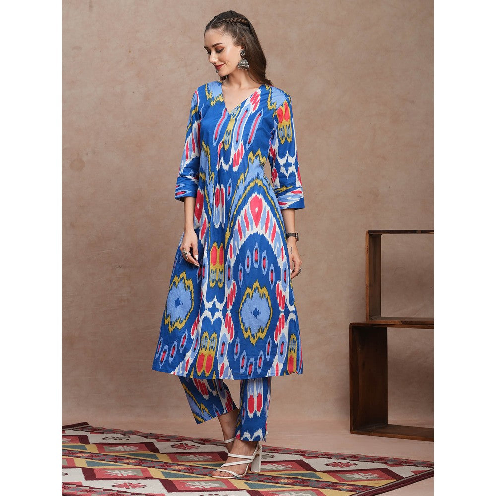 FASHOR Blue Abstract Ethnic Ikat Printed A-Line Kurta with Pant (Set of 2)