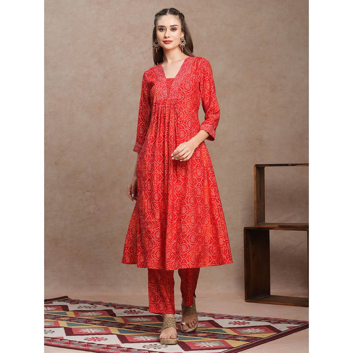 FASHOR Red Ethnic Bandhani Foil Printed A-Line Kurta with Pant (Set of 2)