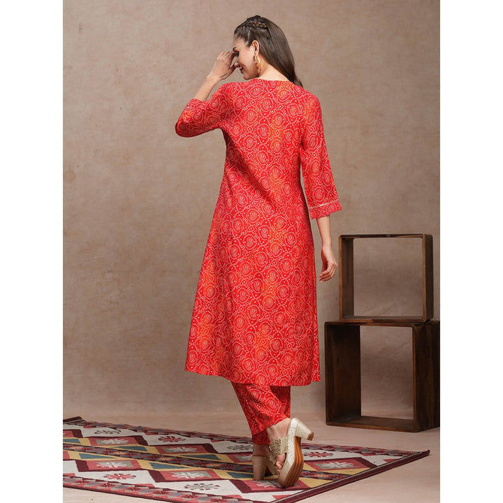 FASHOR Red Ethnic Bandhani Foil Printed A-Line Kurta with Pant (Set of 2)