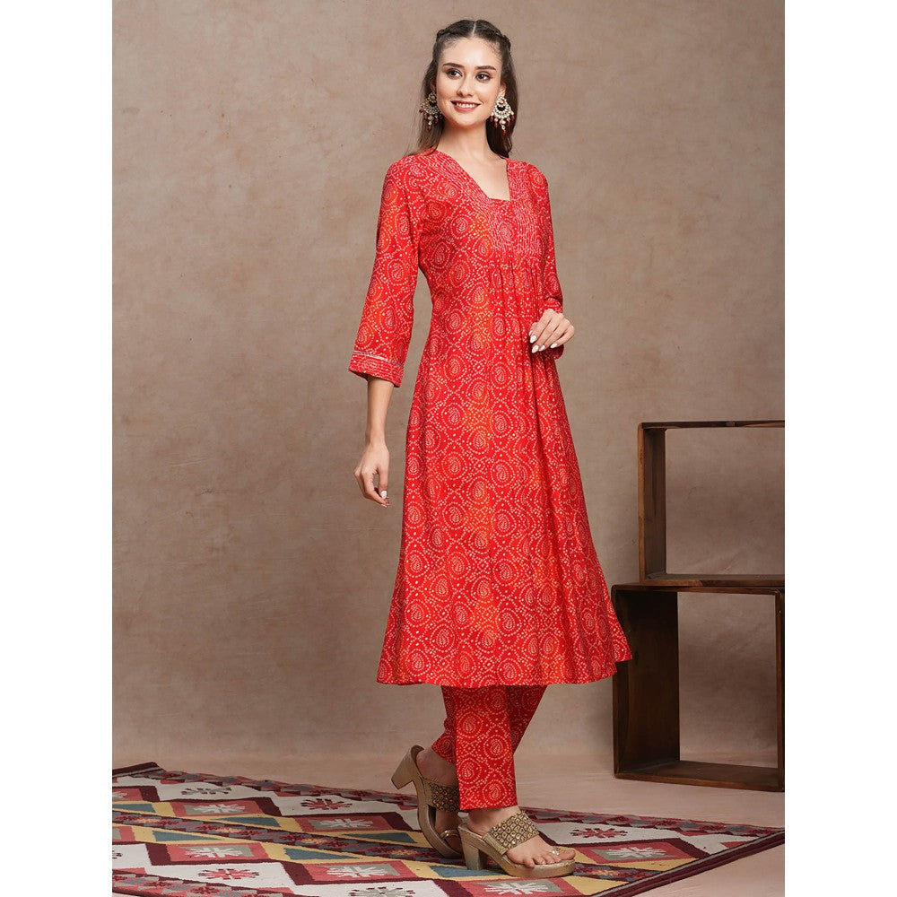 FASHOR Red Ethnic Bandhani Foil Printed A-Line Kurta with Pant (Set of 2)