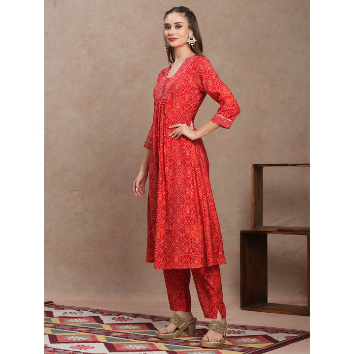 FASHOR Red Ethnic Bandhani Foil Printed A-Line Kurta with Pant (Set of 2)