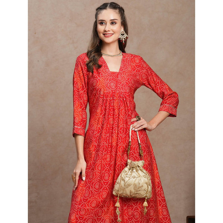 FASHOR Red Ethnic Bandhani Foil Printed A-Line Kurta with Pant (Set of 2)