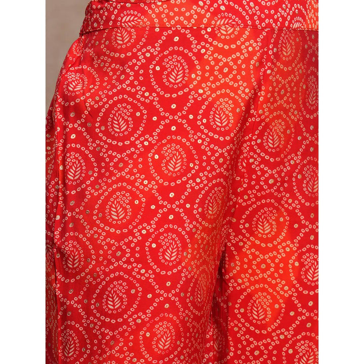 FASHOR Red Ethnic Bandhani Foil Printed A-Line Kurta with Pant (Set of 2)