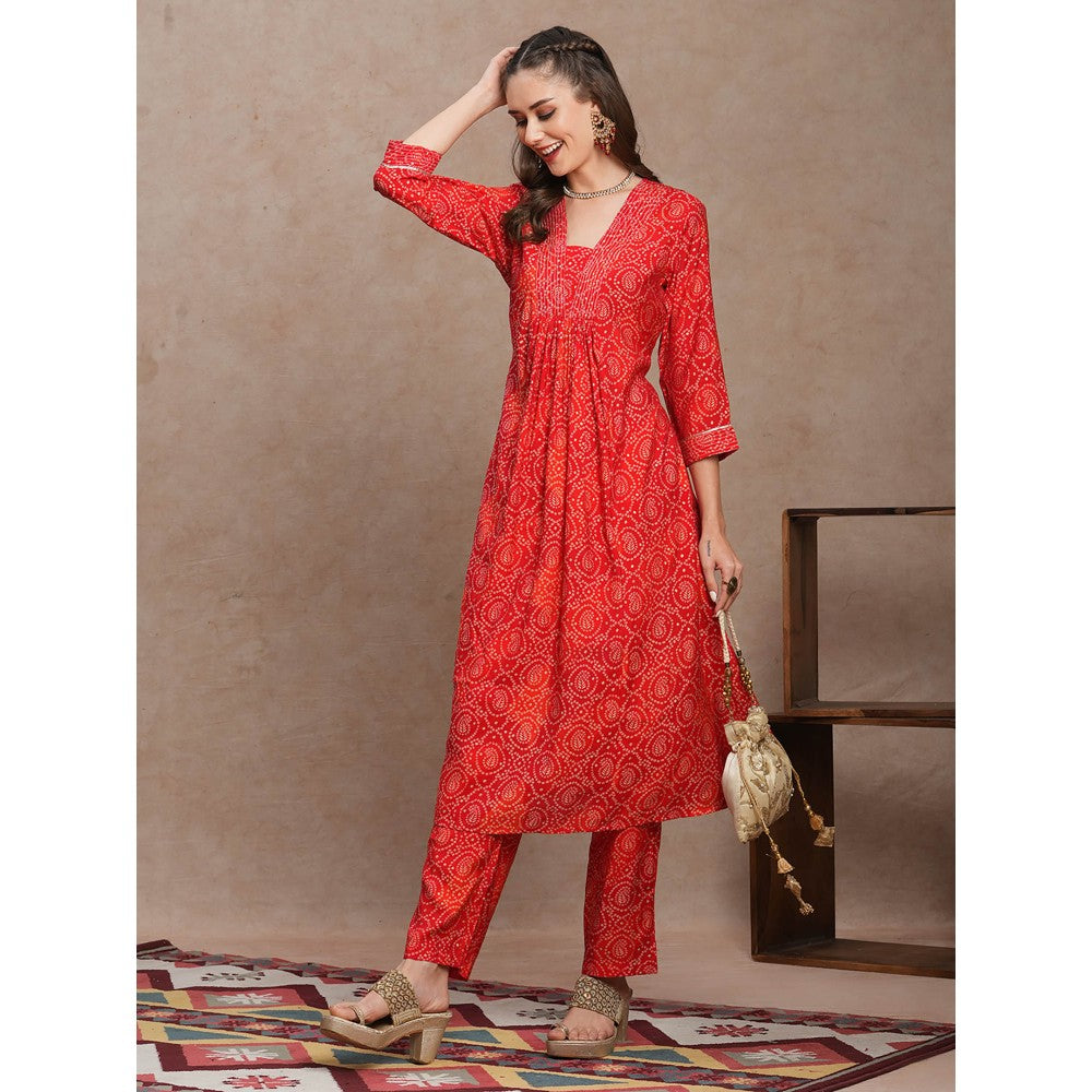 FASHOR Red Ethnic Bandhani Foil Printed A-Line Kurta with Pant (Set of 2)