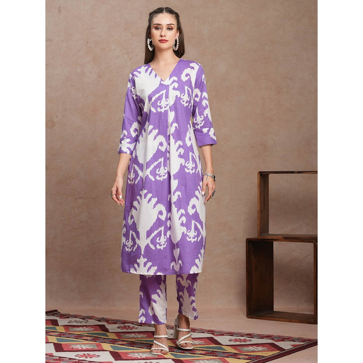 FASHOR Purple Abstract Ethnic Ikat Printed A-Line Kurta with Pant (Set of 2)