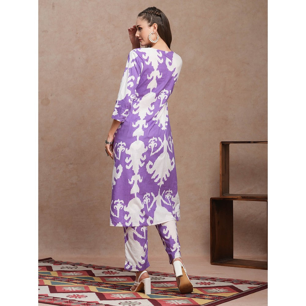 FASHOR Purple Abstract Ethnic Ikat Printed A-Line Kurta with Pant (Set of 2)