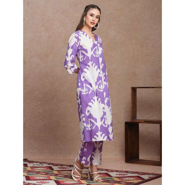 FASHOR Purple Abstract Ethnic Ikat Printed A-Line Kurta with Pant (Set of 2)