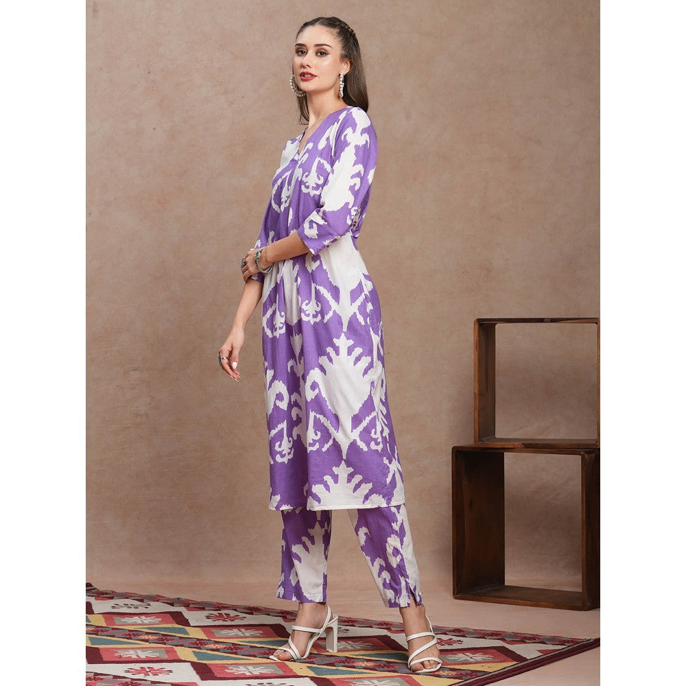 FASHOR Purple Abstract Ethnic Ikat Printed A-Line Kurta with Pant (Set of 2)