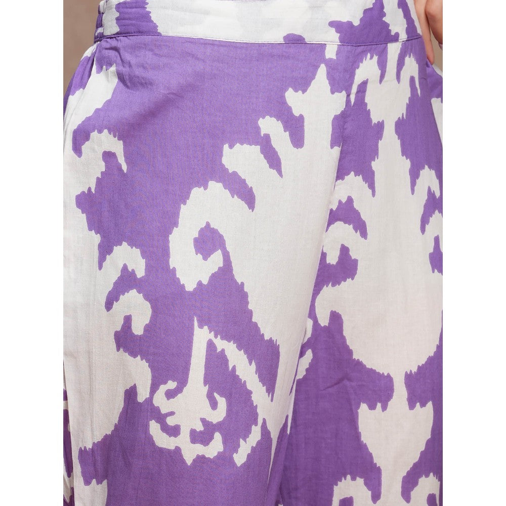 FASHOR Purple Abstract Ethnic Ikat Printed A-Line Kurta with Pant (Set of 2)