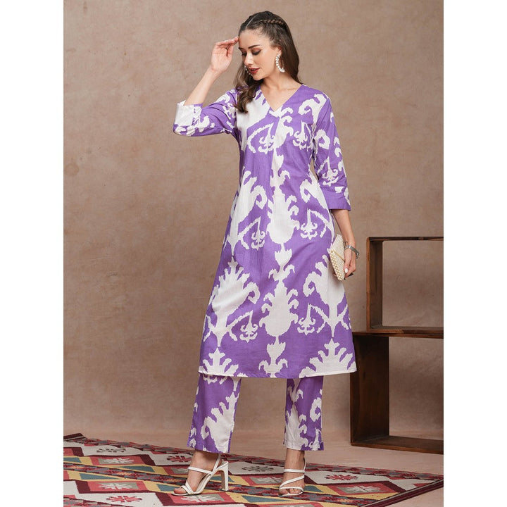 FASHOR Purple Abstract Ethnic Ikat Printed A-Line Kurta with Pant (Set of 2)