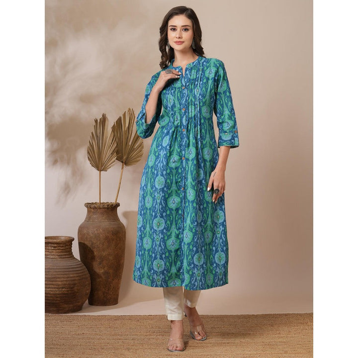 FASHOR Ethnic Ikat Printed A-Line Pin Tucked Kurta Blue