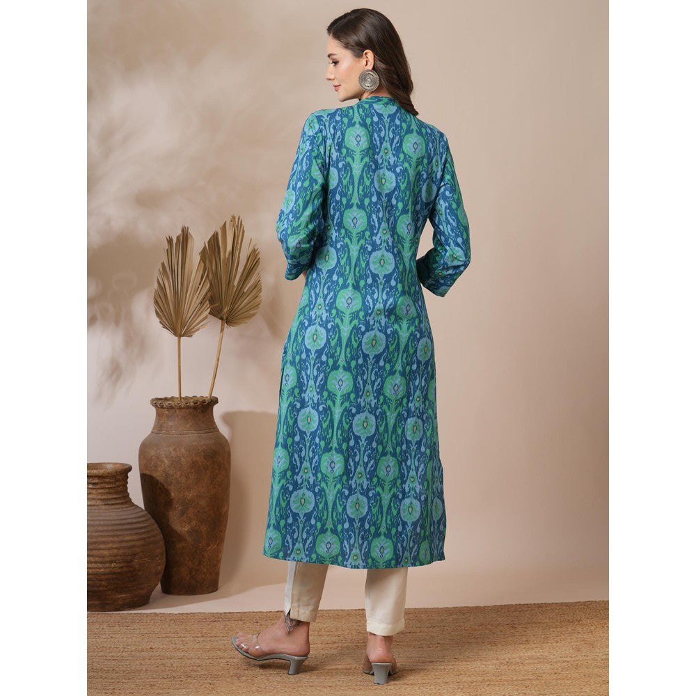 FASHOR Ethnic Ikat Printed A-Line Pin Tucked Kurta Blue