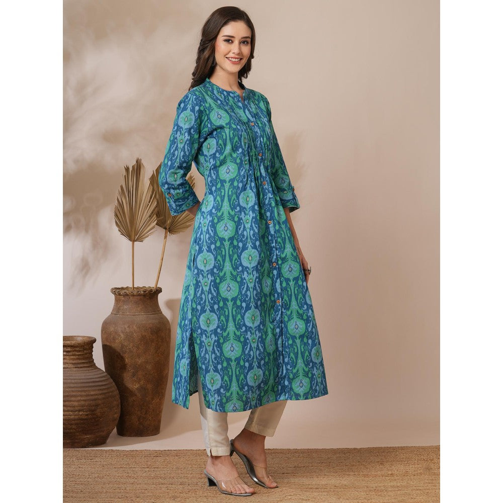 FASHOR Ethnic Ikat Printed A-Line Pin Tucked Kurta Blue