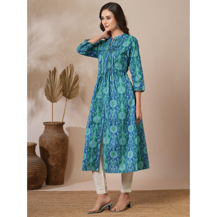 FASHOR Ethnic Ikat Printed A-Line Pin Tucked Kurta Blue