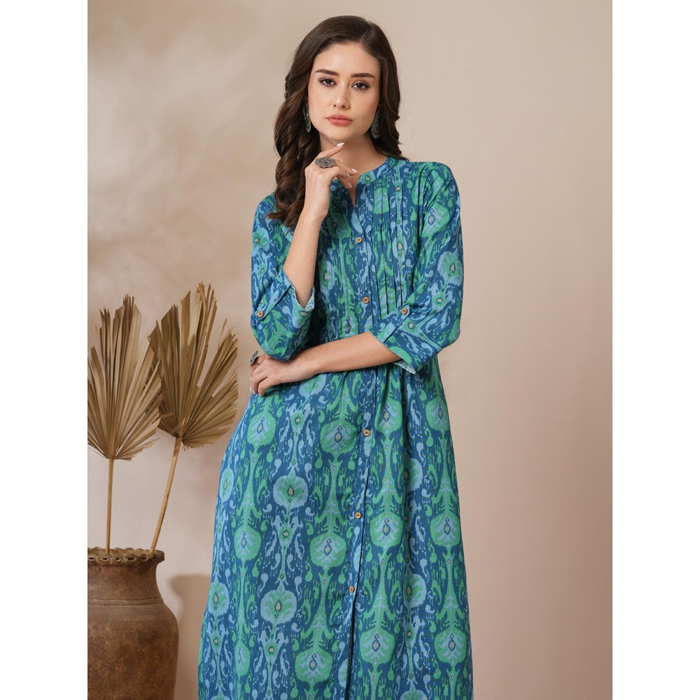 FASHOR Ethnic Ikat Printed A-Line Pin Tucked Kurta Blue