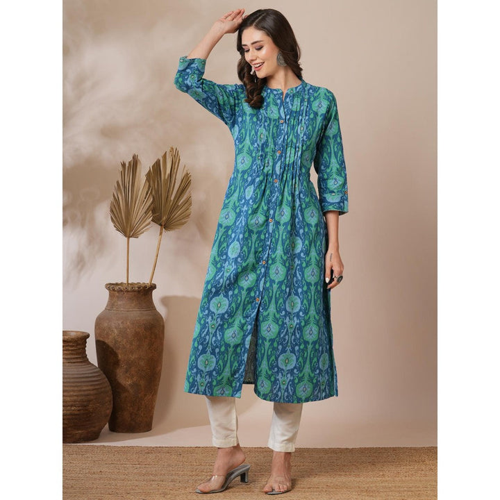 FASHOR Ethnic Ikat Printed A-Line Pin Tucked Kurta Blue