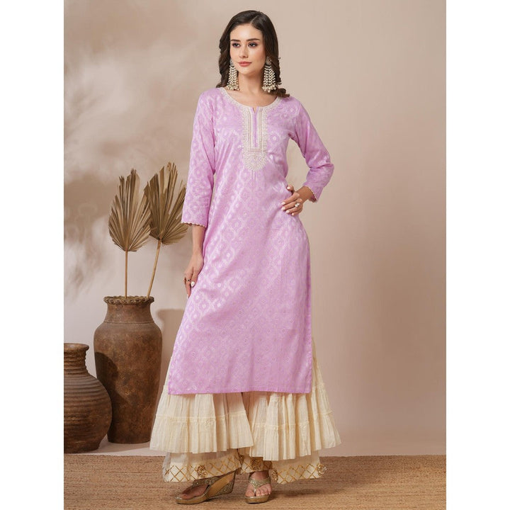 FASHOR Ethnic Jacquard Woven and Embroidered Straight Fit Kurta Light Purple