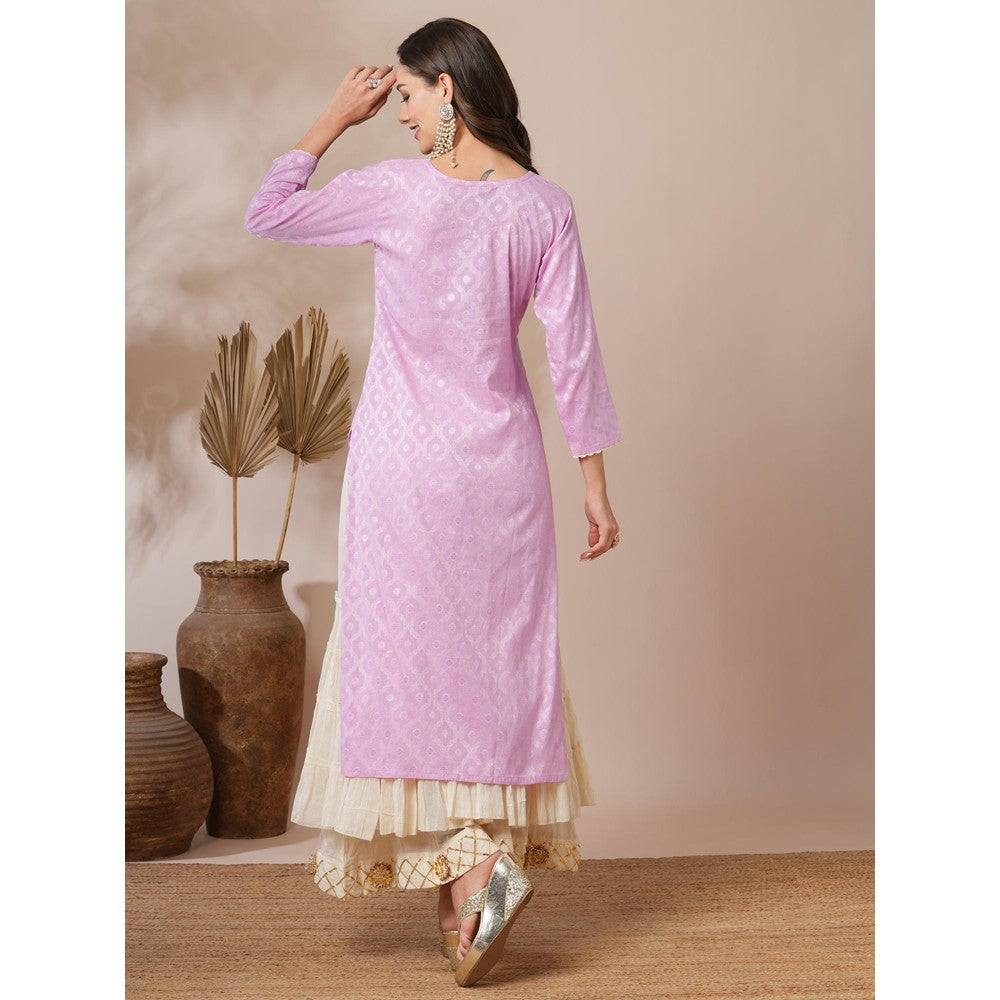 FASHOR Ethnic Jacquard Woven and Embroidered Straight Fit Kurta Light Purple