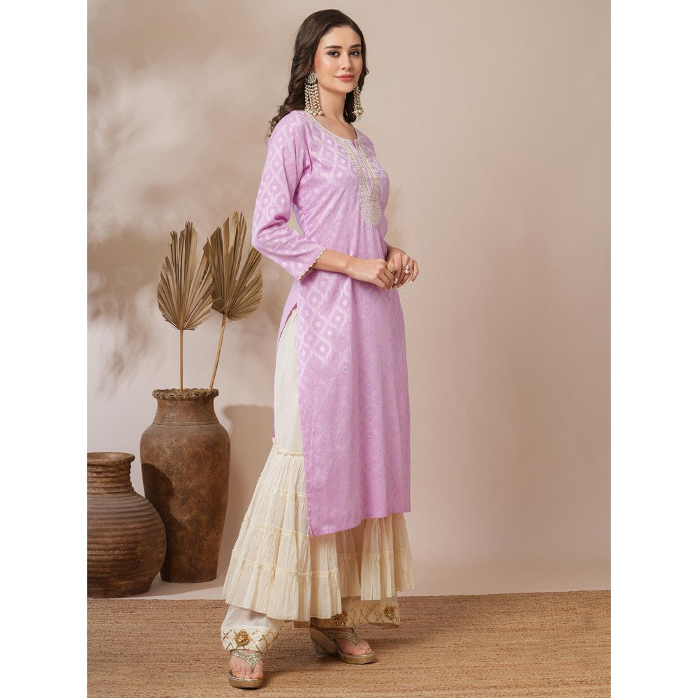 FASHOR Ethnic Jacquard Woven and Embroidered Straight Fit Kurta Light Purple