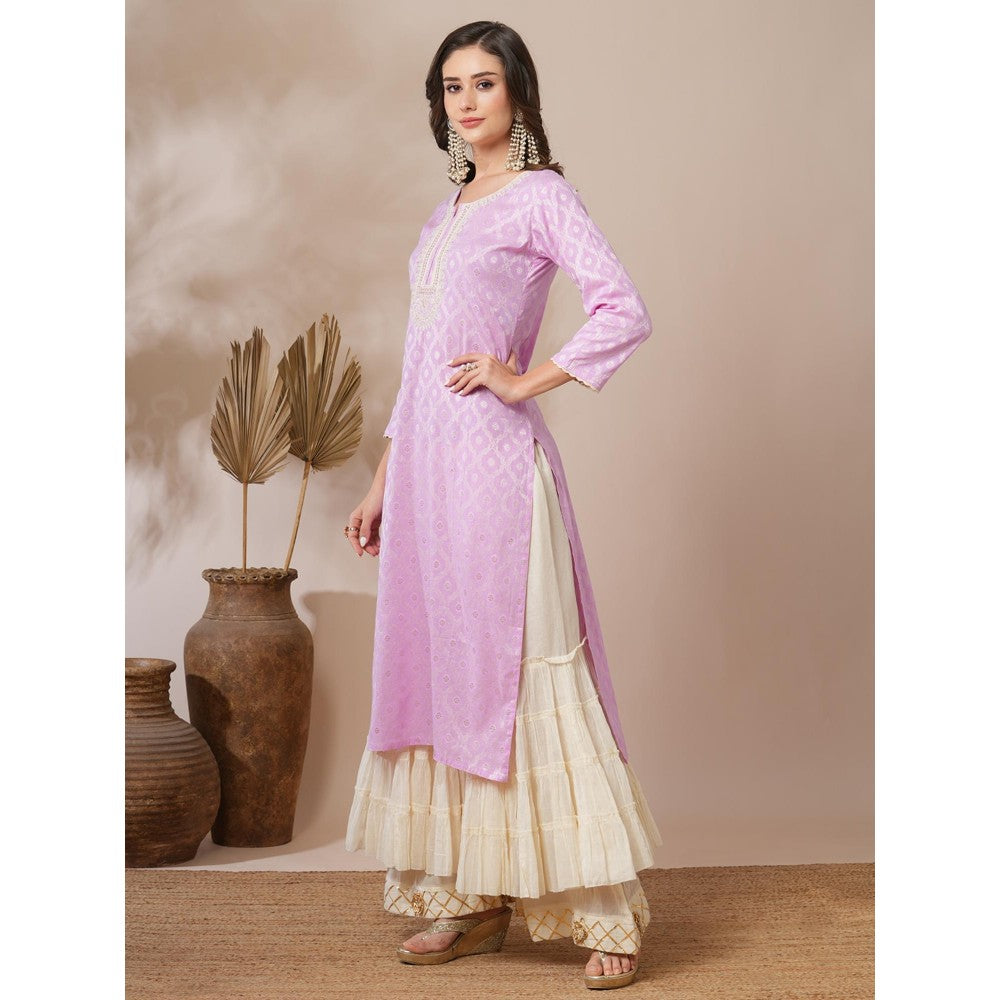 FASHOR Ethnic Jacquard Woven and Embroidered Straight Fit Kurta Light Purple