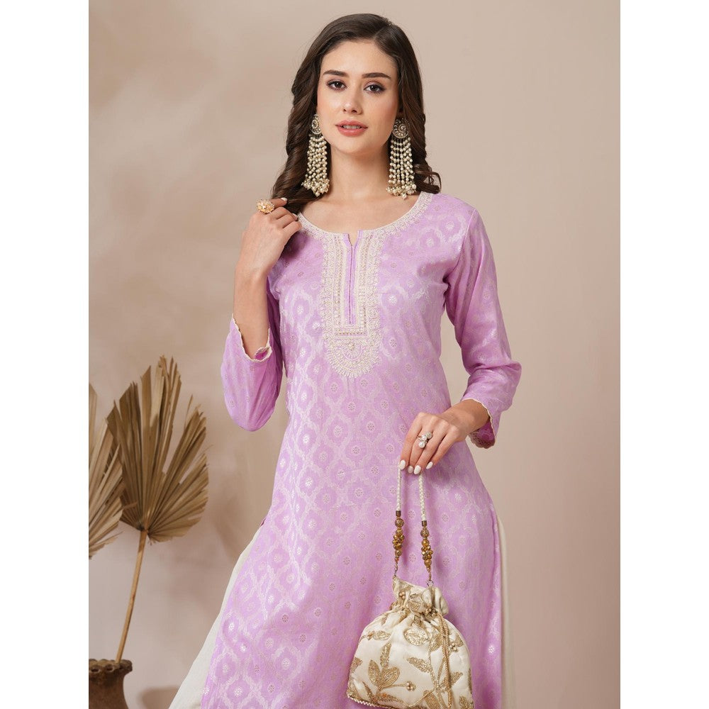 FASHOR Ethnic Jacquard Woven and Embroidered Straight Fit Kurta Light Purple