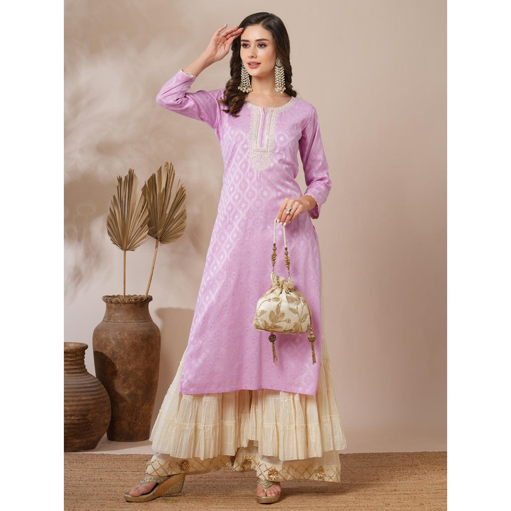 FASHOR Ethnic Jacquard Woven and Embroidered Straight Fit Kurta Light Purple