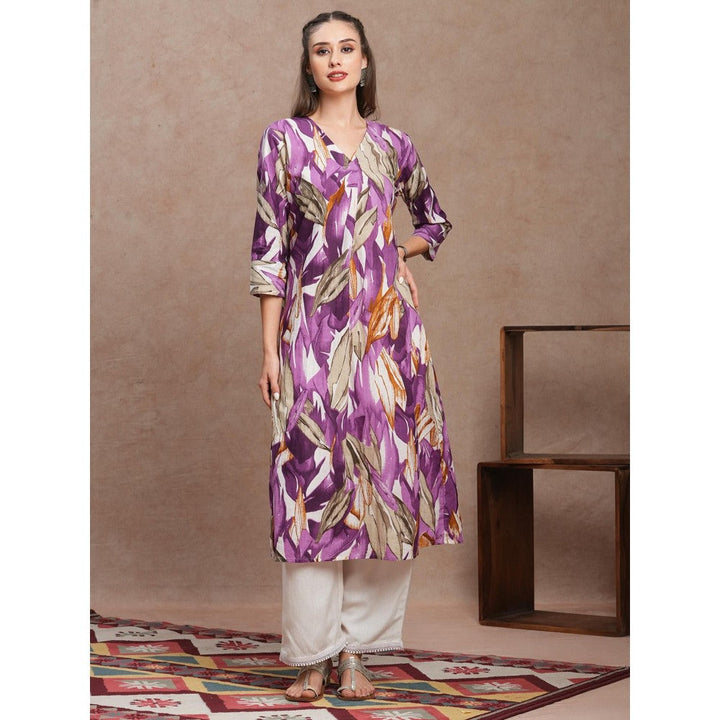 FASHOR Abstract Floral Printed A-Line Kurta Purple