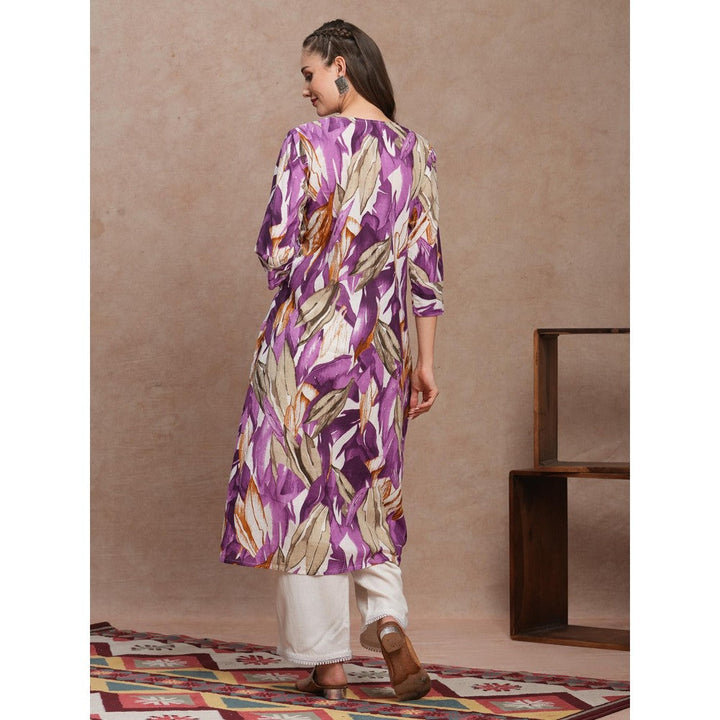 FASHOR Abstract Floral Printed A-Line Kurta Purple