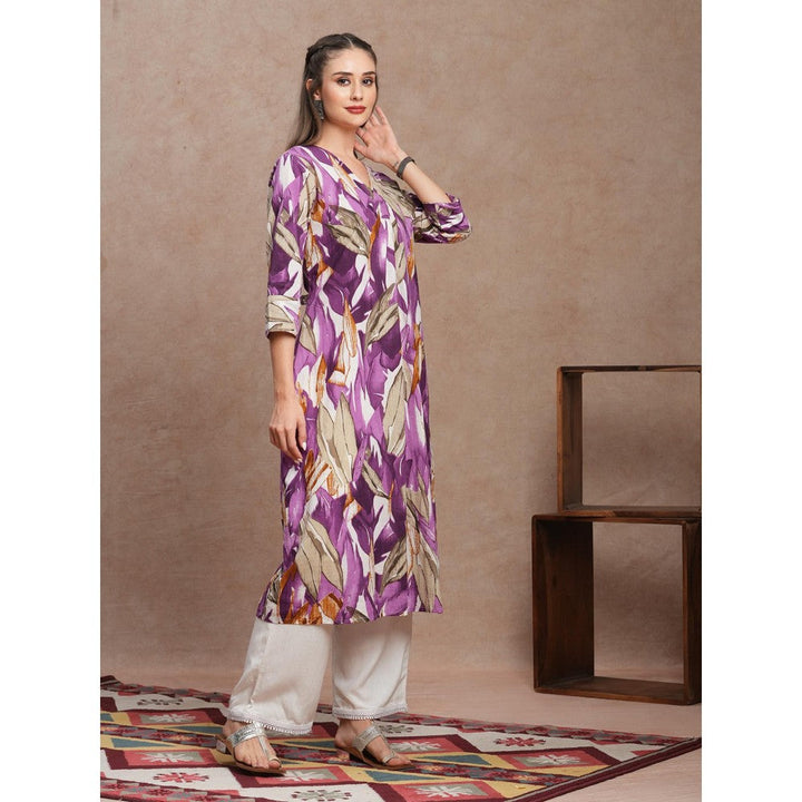 FASHOR Abstract Floral Printed A-Line Kurta Purple