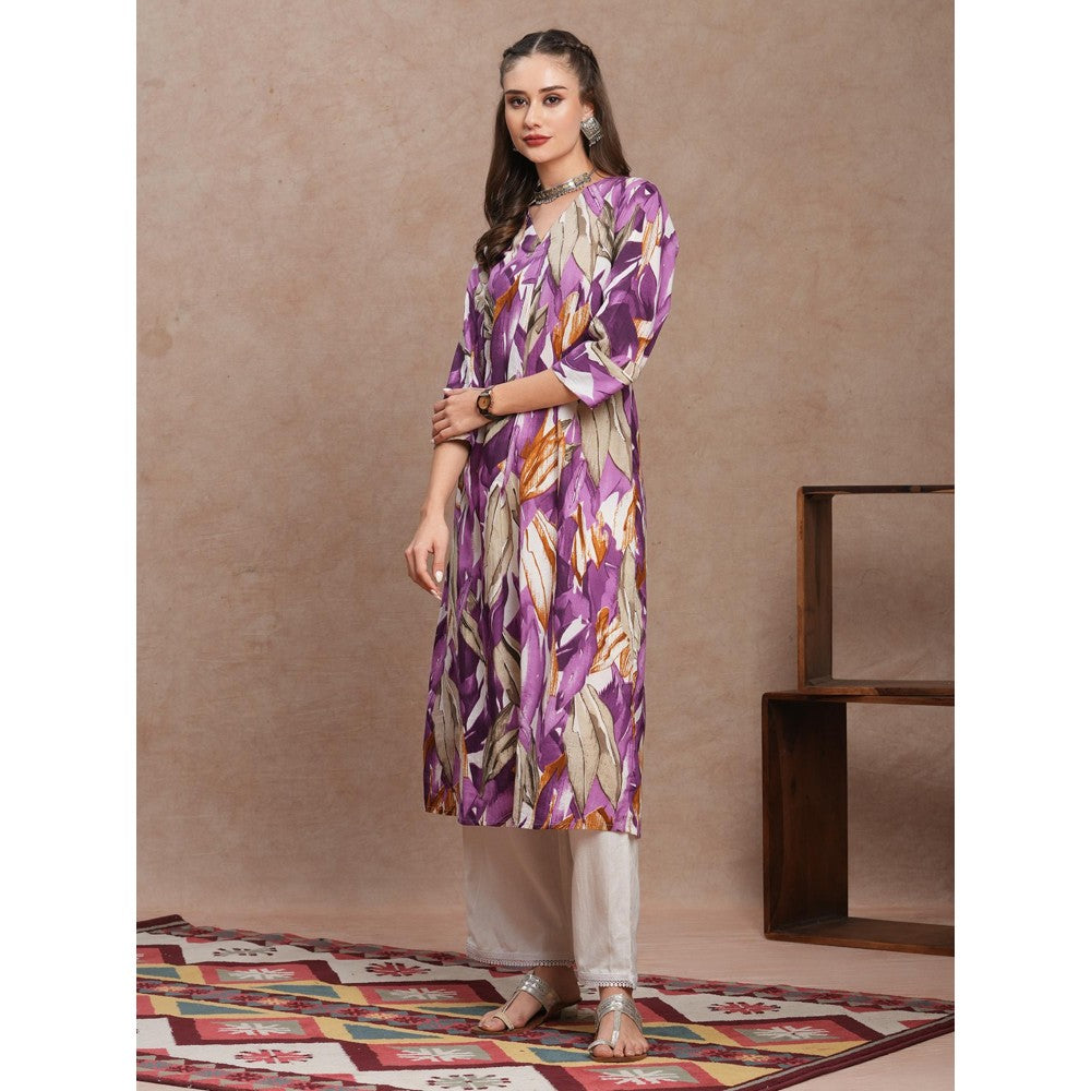 FASHOR Abstract Floral Printed A-Line Kurta Purple