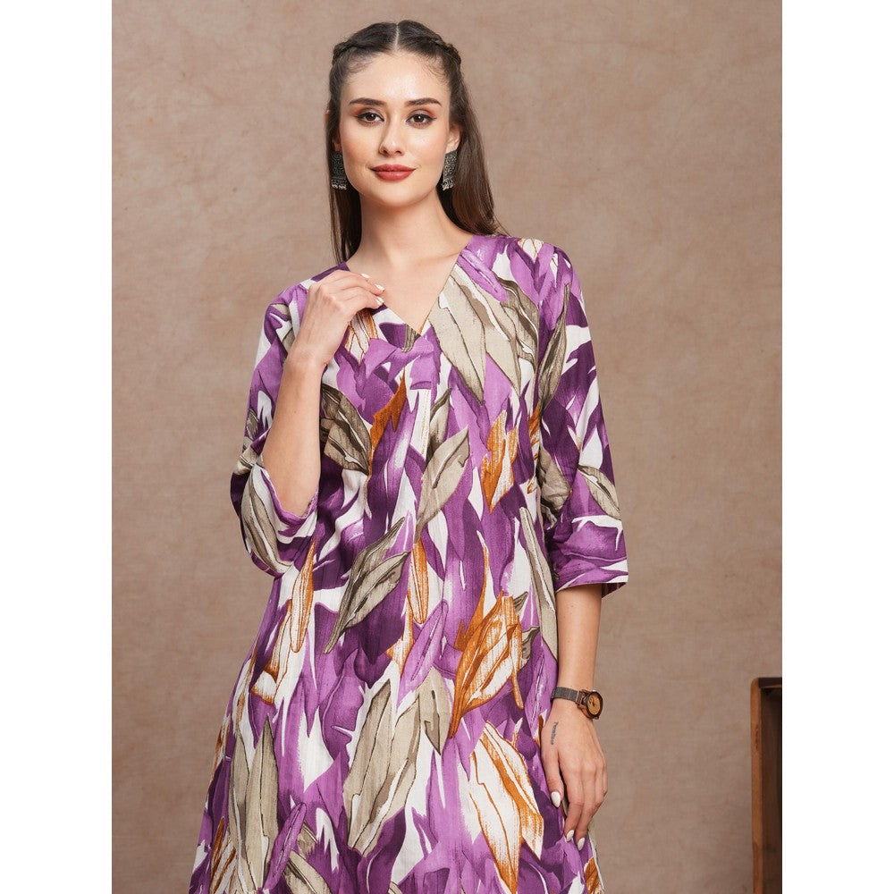 FASHOR Abstract Floral Printed A-Line Kurta Purple