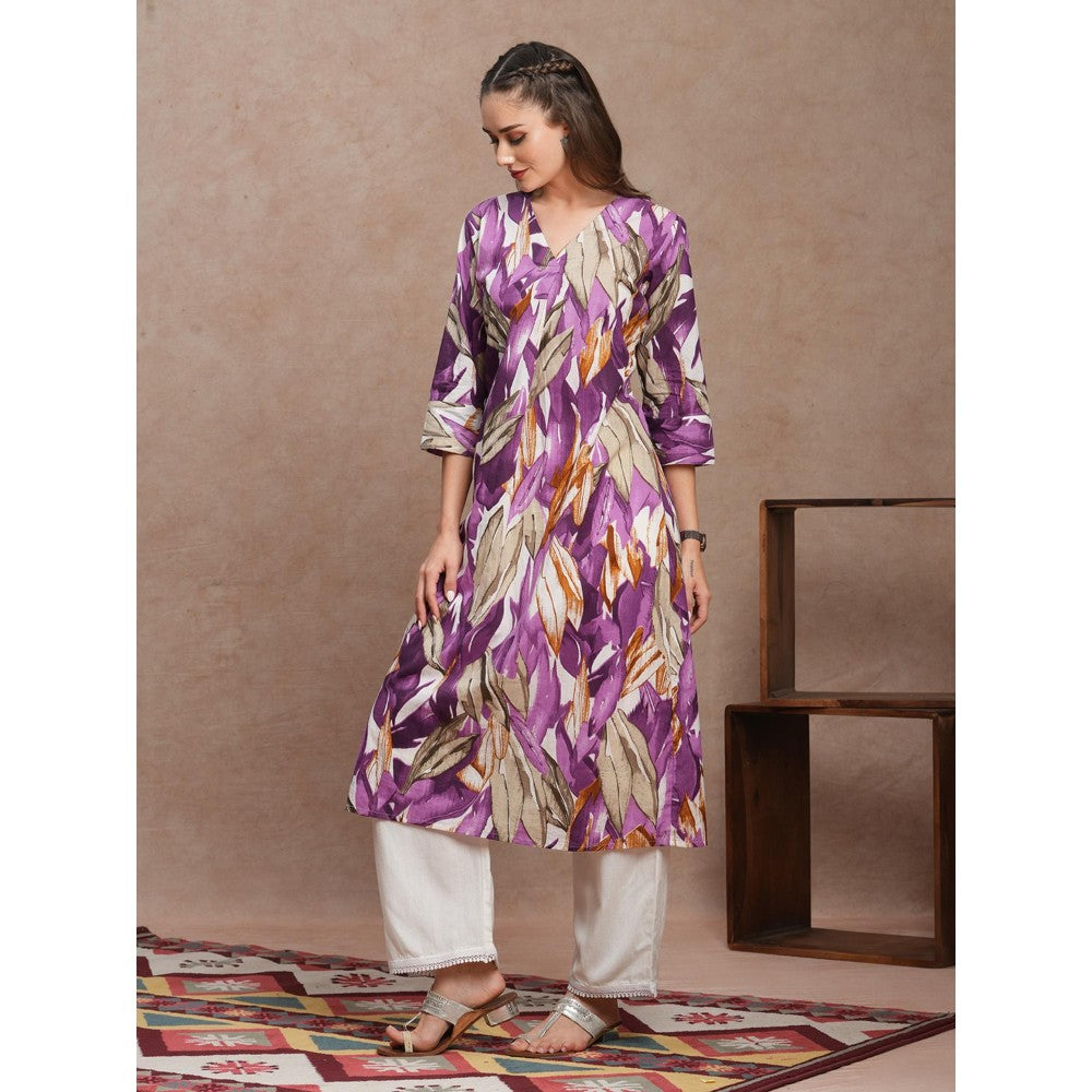 FASHOR Abstract Floral Printed A-Line Kurta Purple